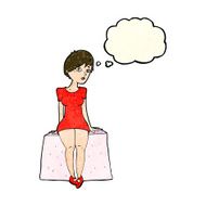 cartoon curious woman sitting with thought bubble N3