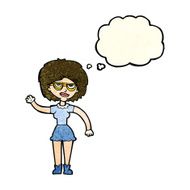 cartoon waving woman wearing spectacles with thought bubble N3