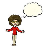 cartoon woman wearing spectacles with thought bubble N10