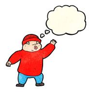 cartoon man in hat waving with thought bubble N3