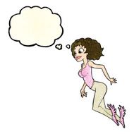 cartoon flying woman with thought bubble N3