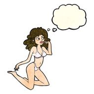 cartoon woman in underwear looking thoughtful with thought bubbl N3