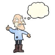 cartoon angry old man in patched clothing with thought bubble N3