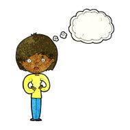 cartoon woman making Who Me? gesture with thought bubble N10