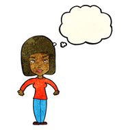 cartoon woman shrugging shoulders with thought bubble N126