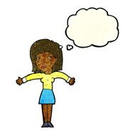 cartoon woman shrugging shoulders with thought bubble N127