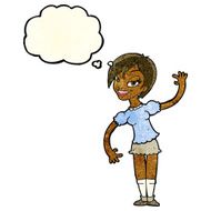 cartoon girl waving with thought bubble N7
