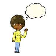 cartoon woman waving with thought bubble N89