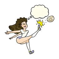 cartoon female soccer player kicking ball with thought bubble N3