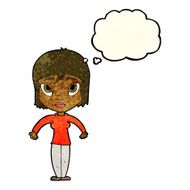 cartoon woman shrugging shoulders with thought bubble N128