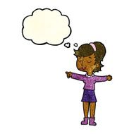 cartoon happy woman pointing with thought bubble N18