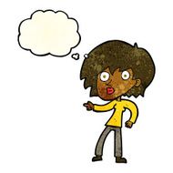 cartoon surprised woman pointing with thought bubble N3