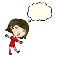 cartoon happy girl gesturing to follow with thought bubble N3