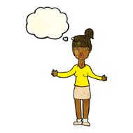 cartoon woman shrugging shoulders with thought bubble N129