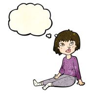 cartoon woman sitting on floor with thought bubble N3