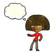 cartoon happy woman pointing with thought bubble N19