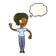 cartoon woman waving with thought bubble N91