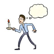 cartoon frightened man walking with candlestick thought bub N3