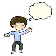 cartoon boy waving warning with thought bubble N3