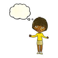 cartoon woman shrugging with thought bubble N17