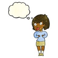 cartoon woman making Who Me? gesture with thought bubble N11