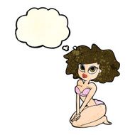 cartoon woman wearing bikini with thought bubble N2