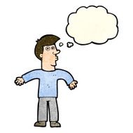 cartoon man shrugging shoulders with thought bubble N8