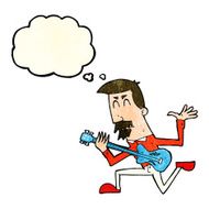 cartoon man playing electric guitar with thought bubble N6