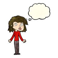 cartoon girl shrugging shoulders with thought bubble N9