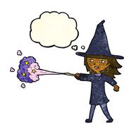 cartoon witch girl casting spell with thought bubble N5