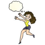 cartoon happy woman jumping with thought bubble N3