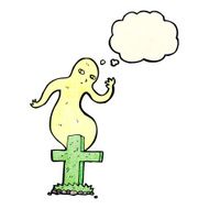 cartoon ghost rising from grave with thought bubble N8