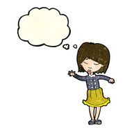 cartoon waving woman with thought bubble N39