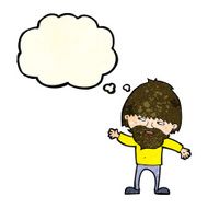 cartoon happy bearded man waving with thought bubble N4