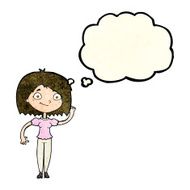 cartoon woman waving with thought bubble N96