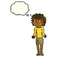 cartoon woman shrugging shoulders with thought bubble N132