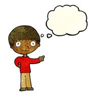 cartoon happy boy pointing with thought bubble N6