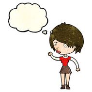 cartoon waving woman with thought bubble N40