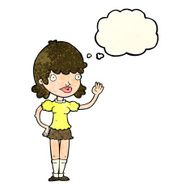 cartoon waving woman with thought bubble N41