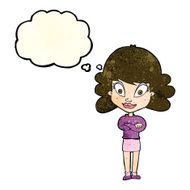 cartoon happy woman with folded arms thought bubble N7