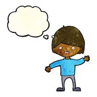 cartoon waving boy with thought bubble N6