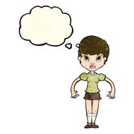 cartoon woman looking annoyed with thought bubble N4