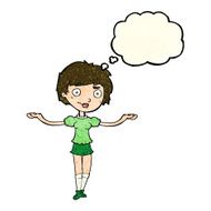 cartoon woman spreading arms with thought bubble N3