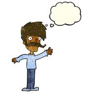 cartoon waving mustache man with thought bubble N3