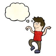 cartoon happy man doing funny dance with thought bubble N6