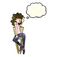 cartoon woman posing on chair with thought bubble N4