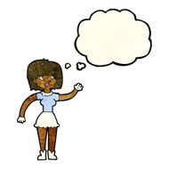 cartoon girl waving with thought bubble N8