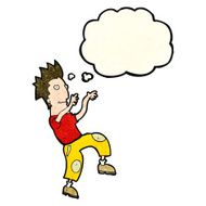 cartoon happy man doing funny dance with thought bubble N7