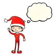 cartoon waving christmas elf with thought bubble N3