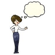 cartoon woman waving with thought bubble N97